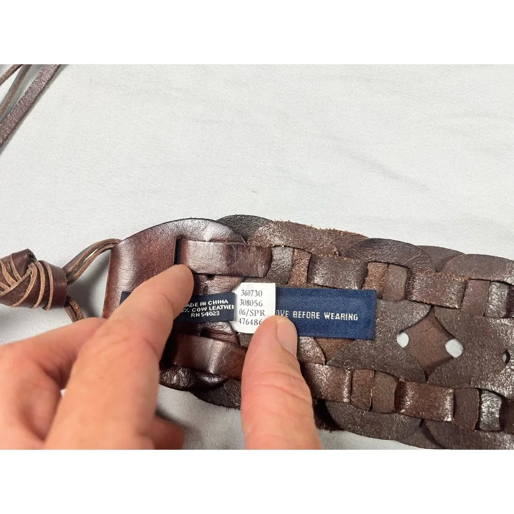Banana Republic Brown Leather Woven Wide Waist Belt Tie Sash Boho 32in Vintage